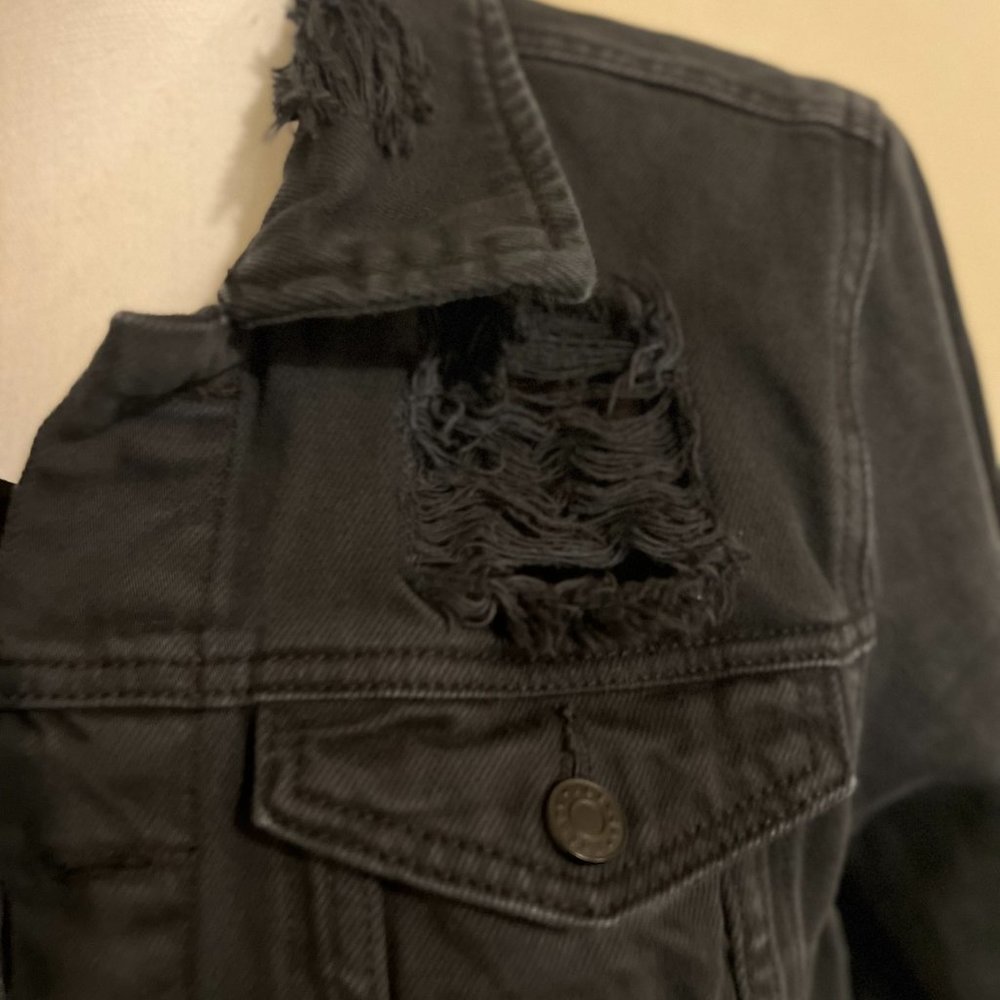 Unisex Black Refuge Distressed Jean Jacket Size Large - Picture 5 of 13